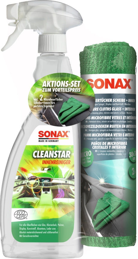 SONAX CleanStar mit Microfasertüchern Scheibe+Innen Aktions Set